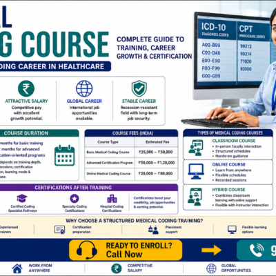 Professional infographic poster for a Medical Coding Course featuring a medical coding professional, ICD and CPT coding screens, course details, certifications, salary information