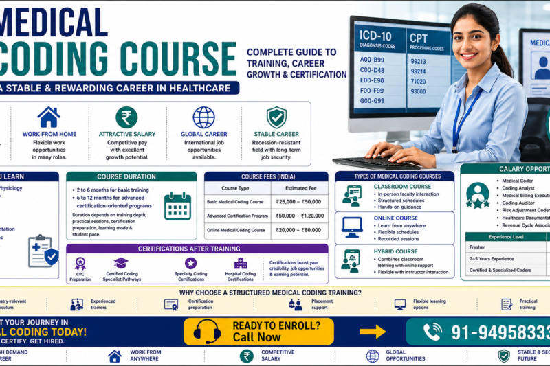 Professional infographic poster for a Medical Coding Course featuring a medical coding professional, ICD and CPT coding screens, course details, certifications, salary information