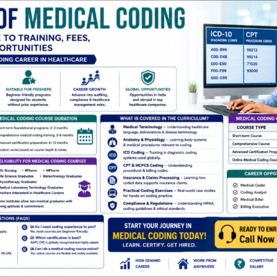 Professional infographic poster about a medical coding course showing training types, course duration, eligibility, fees, certifications, career opportunities, and healthcare coding career benefits.
