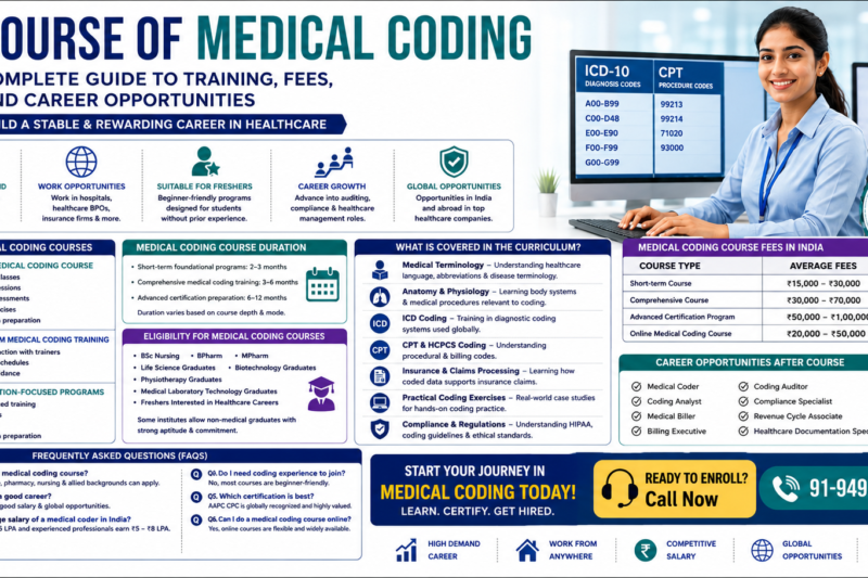 Professional infographic poster about a medical coding course showing training types, course duration, eligibility, fees, certifications, career opportunities, and healthcare coding career benefits.