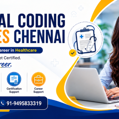 Medical Coding Classes Chennai promotional poster featuring a healthcare professional, online and offline medical coding training, certification support, expert trainers, career guidance, and enrollment contact number 91-9495833319.