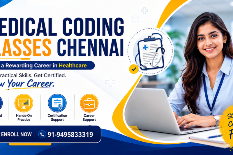 Medical Coding Classes Chennai promotional poster featuring a healthcare professional, online and offline medical coding training, certification support, expert trainers, career guidance, and enrollment contact number 91-9495833319.