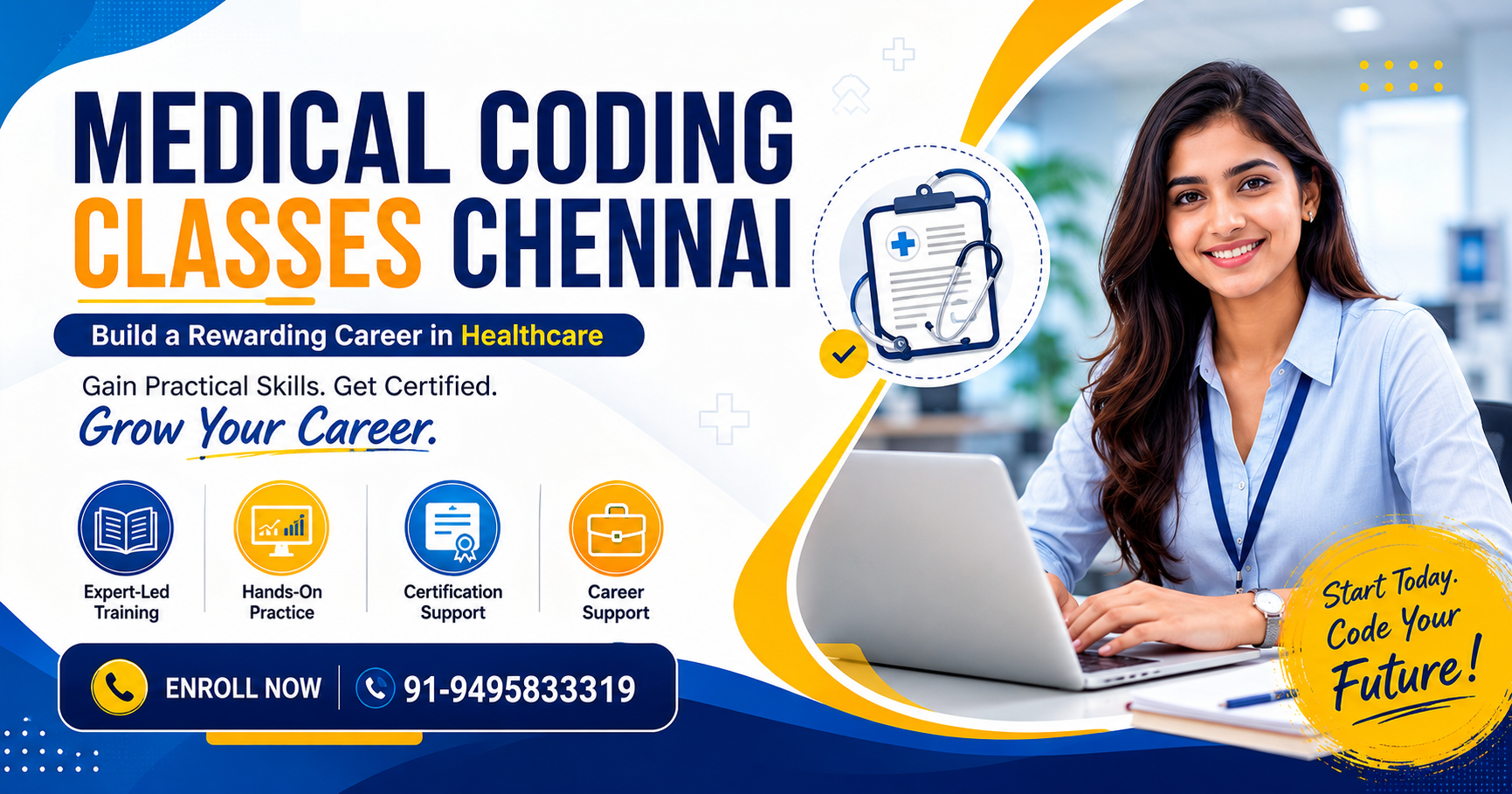 Medical Coding Classes Chennai promotional poster featuring a healthcare professional, online and offline medical coding training, certification support, expert trainers, career guidance, and enrollment contact number 91-9495833319.