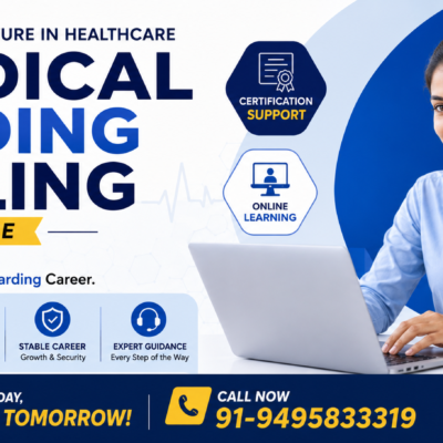 Medical Coding Billing Course promotional banner featuring a healthcare professional using a laptop, highlighting coding, billing, certification support, online learning, and career opportunities in the healthcare industry.