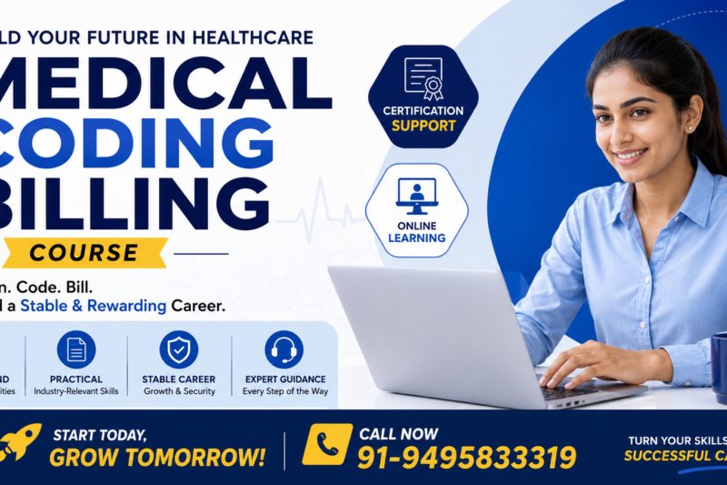 Medical Coding Billing Course promotional banner featuring a healthcare professional using a laptop, highlighting coding, billing, certification support, online learning, and career opportunities in the healthcare industry.