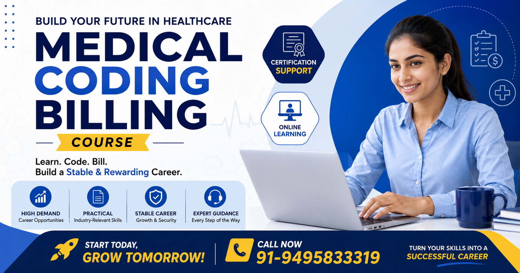 Medical Coding Billing Course promotional banner featuring a healthcare professional using a laptop, highlighting coding, billing, certification support, online learning, and career opportunities in the healthcare industry.