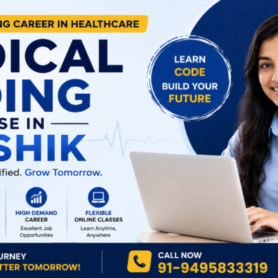 Medical Coding Course in Nashik promotional banner featuring a healthcare professional using a laptop, highlighting online medical coding training, certification preparation, and healthcare career opportunities.