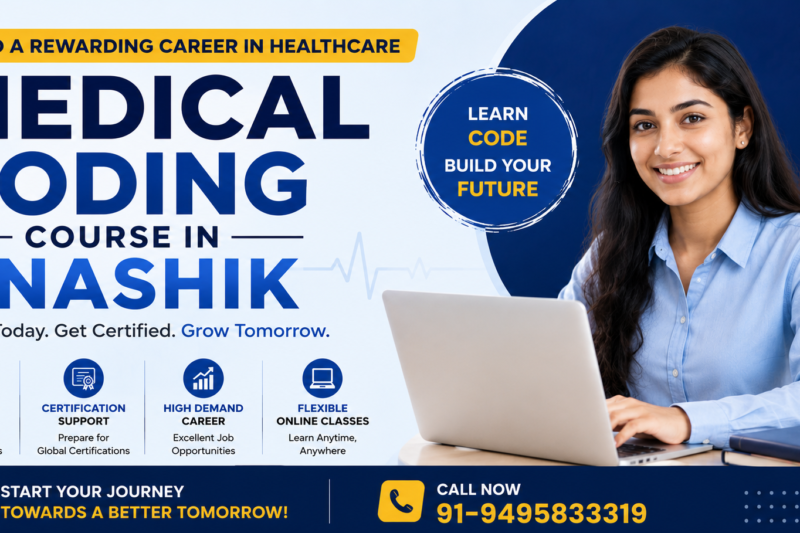 Medical Coding Course in Nashik promotional banner featuring a healthcare professional using a laptop, highlighting online medical coding training, certification preparation, and healthcare career opportunities.