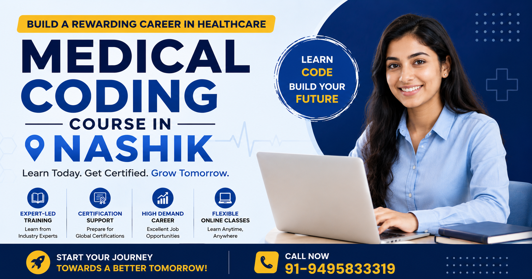 Medical Coding Course in Nashik promotional banner featuring a healthcare professional using a laptop, highlighting online medical coding training, certification preparation, and healthcare career opportunities.