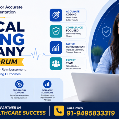Medical Coding Company in Trivandrum banner featuring a healthcare coding professional, accurate medical coding services, compliance-focused documentation, and revenue cycle management solutions.