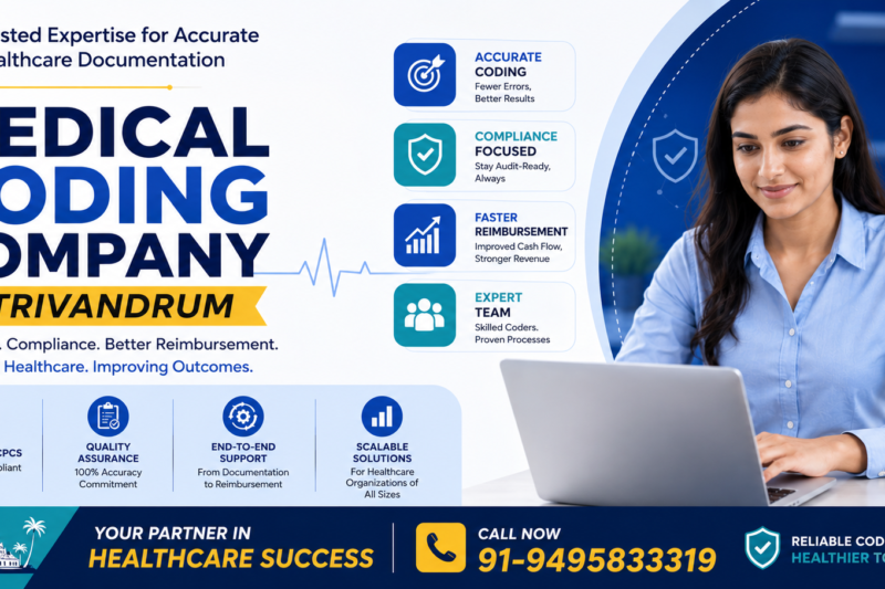 Medical Coding Company in Trivandrum banner featuring a healthcare coding professional, accurate medical coding services, compliance-focused documentation, and revenue cycle management solutions.