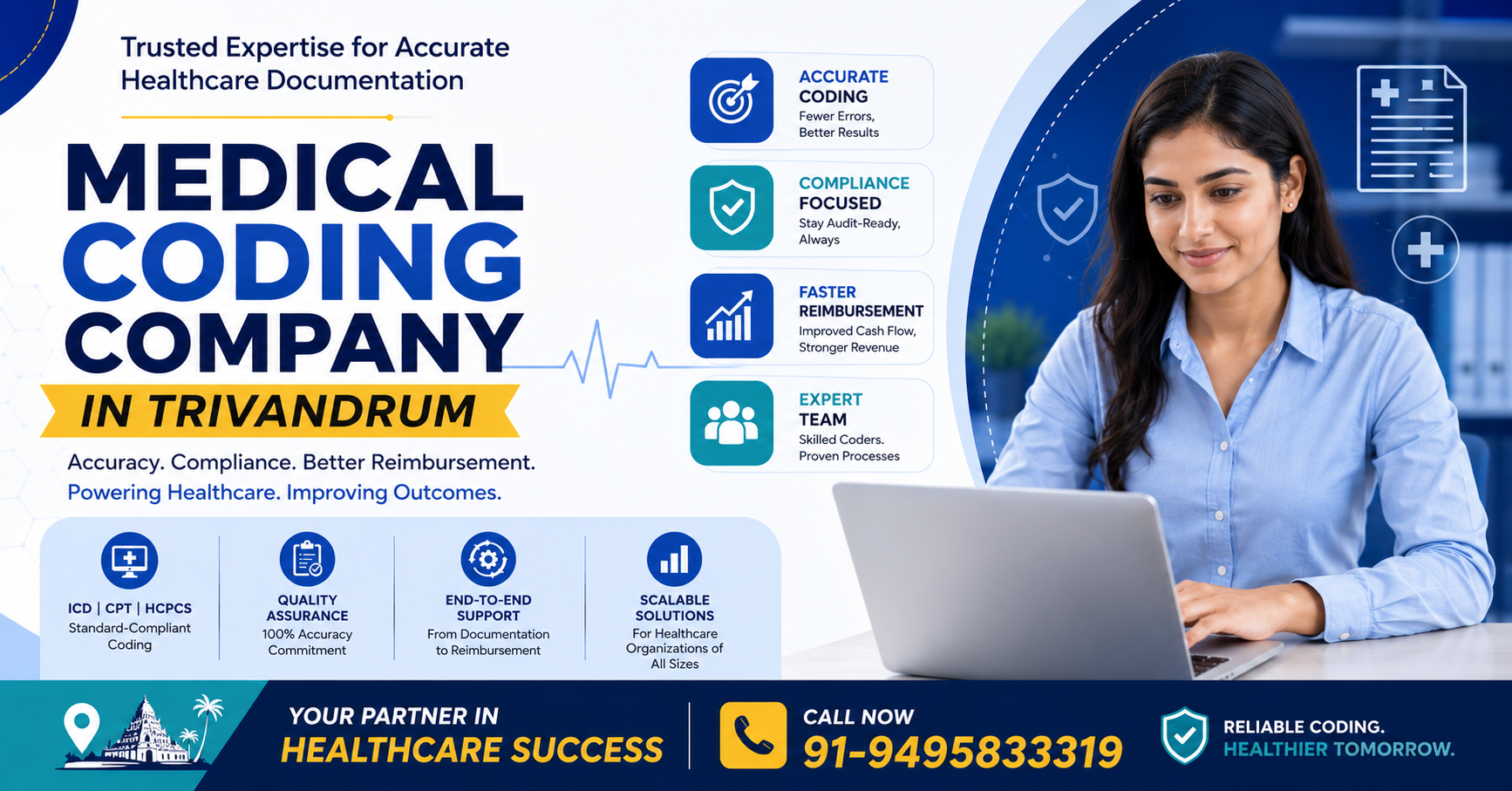 Medical Coding Company in Trivandrum banner featuring a healthcare coding professional, accurate medical coding services, compliance-focused documentation, and revenue cycle management solutions.